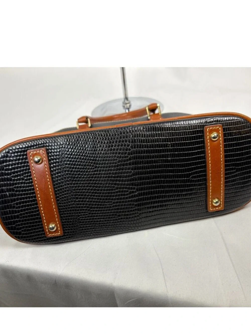Dooney & Bourke Black Lizard-Embossed Satchel with Tan Trim